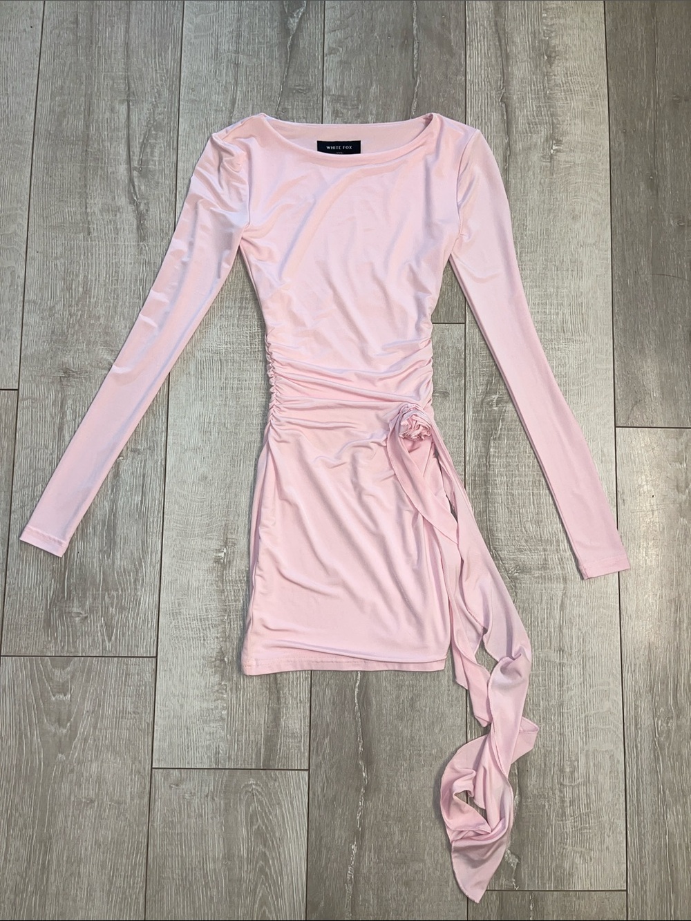 NWOT White Fox Long Sleeve Pink Mini Dress Flower Appliqué & Drape Detail XXS - Picture 2 of 7